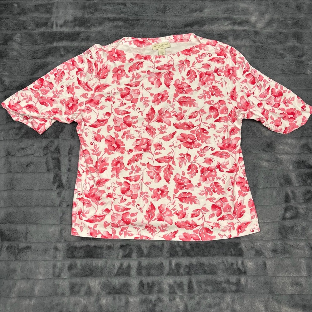 Appleseeds Petites Womens Pink White Floral Cotton Knit Top PL A14083